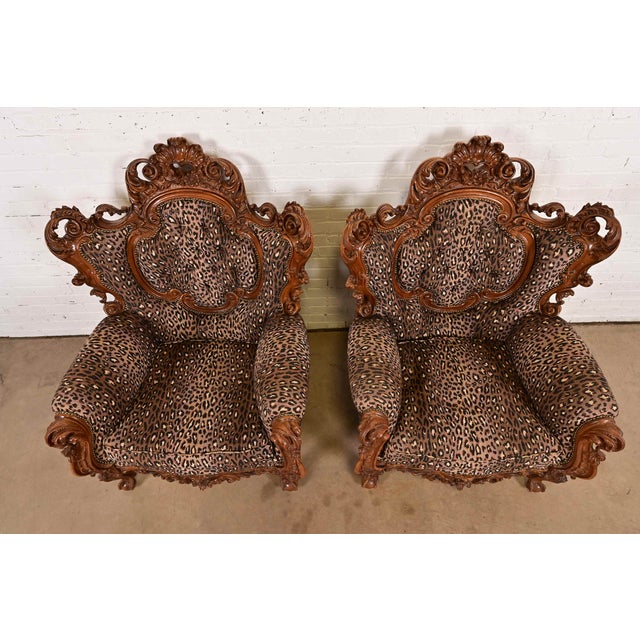 Early 20th Century Italian Baroque Ornate Carved Walnut Throne Chairs or Lounge Chairs With Leopard Print Upholstery For Sale - Image 5 of 12