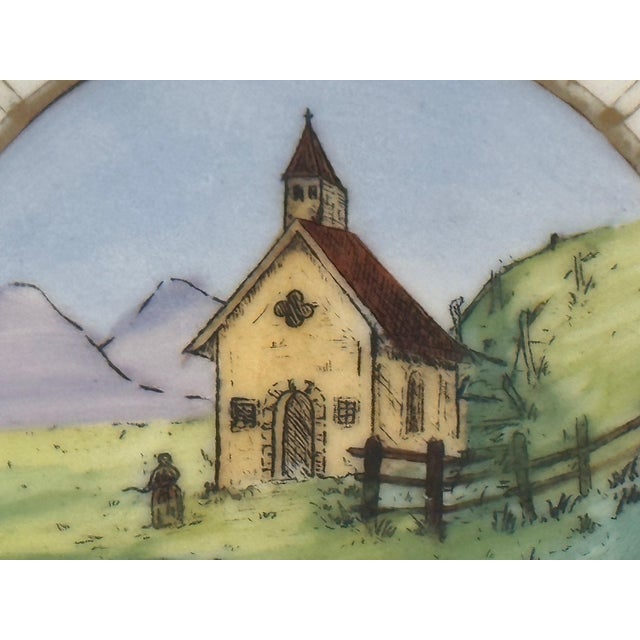 Antique Milk Glass Plate with Hand Painted Church Scene for your consideration. The plate measures approx. 9 1/2 inches in...