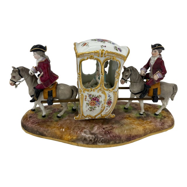 19th Century, German Porcelain Horse Drawn Sedan Chair & Riders by Samson & Cie For Sale