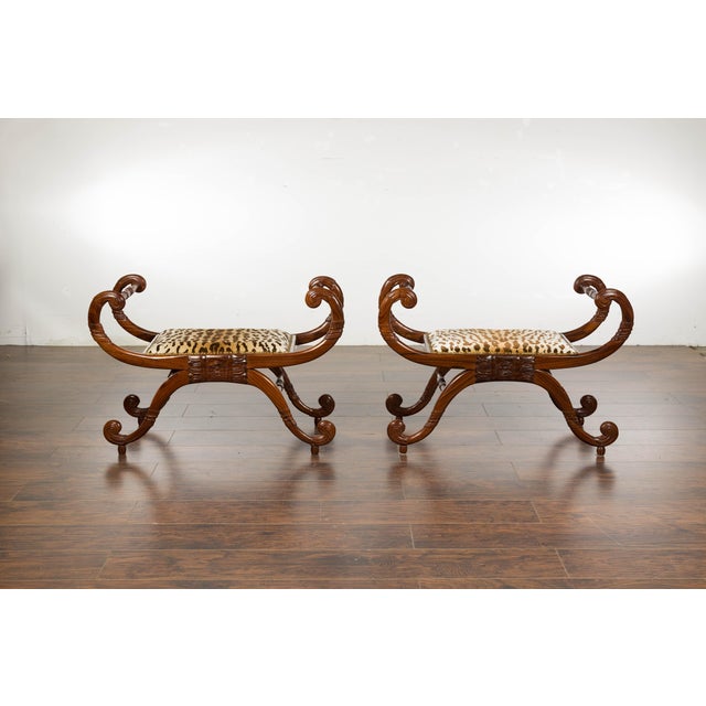 Pair of English Regency Carved Mahogany 19th Century Stools with Scrolling Arms For Sale In Atlanta - Image 6 of 12