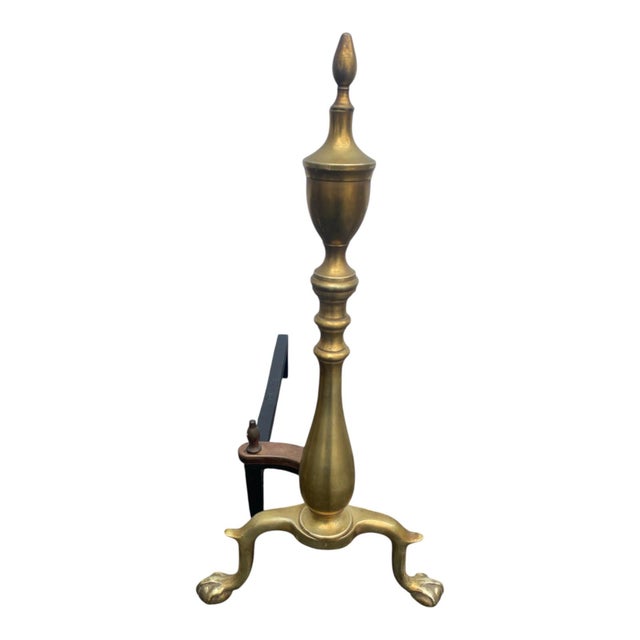 Brass Pair 1920s Vintage Brass Andirons Chippendale Claw Ball Feet Fireplace For Sale - Image 8 of 18