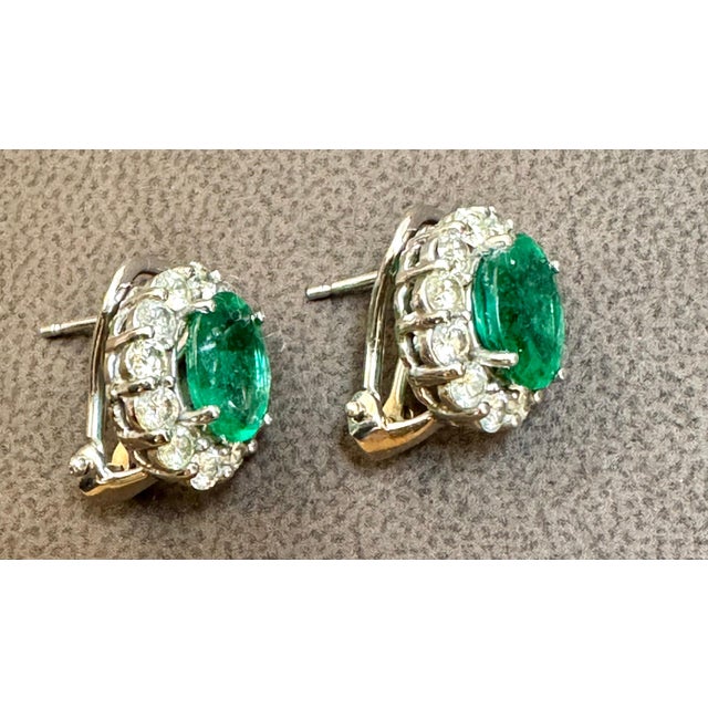 Early 21st Century 6 Carat Oval Shape Emerald & 2 Ct Diamond Post Back Earrings 14 Karat White Gold For Sale - Image 5 of 18