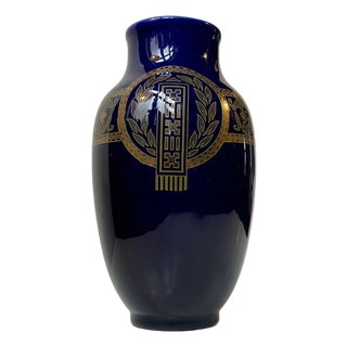 Neo-Classical French Cobalt Blue Majolica Vase from Sarreguemines, 1920s For Sale