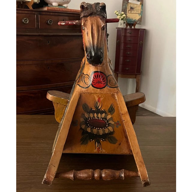 Folk Art Vintage Hand-Carved Wooden Rocking Horse For Sale - Image 3 of 5
