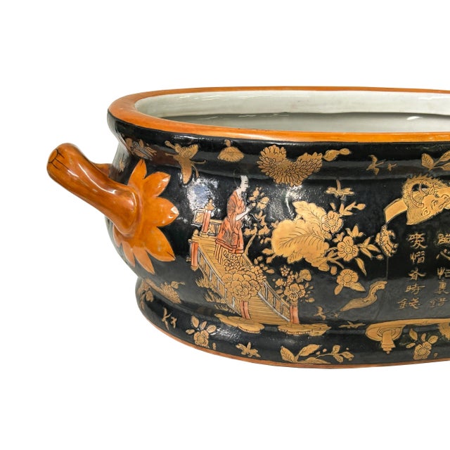 Vintage Chinese Black Copper Scenery Graphic Ceramic Oval Bowl Pot For Sale In San Francisco - Image 6 of 10