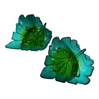 Set of Two 1960s Pressed Glass Leaf Dishes, Two Tone Glass For Sale