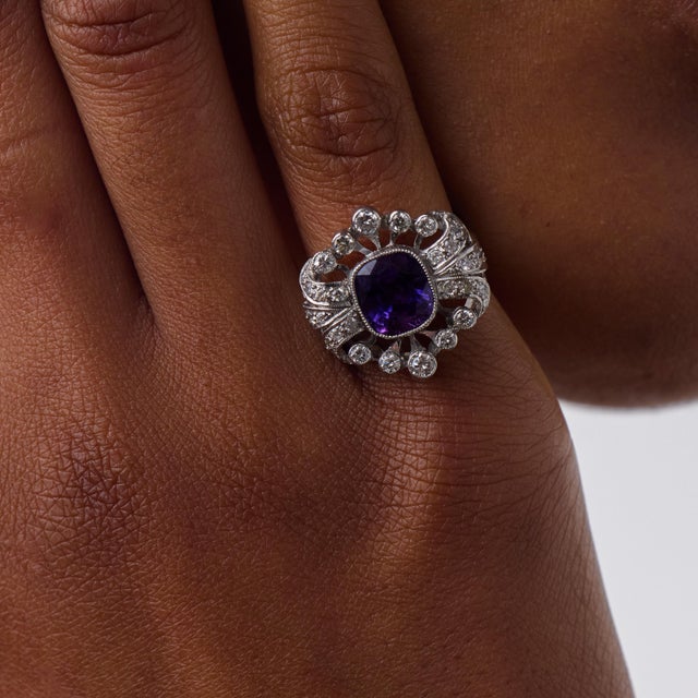 1950s Mid Century Amethyst Diamond Platinum Cocktail Ring, Size 4.75 For Sale - Image 5 of 6