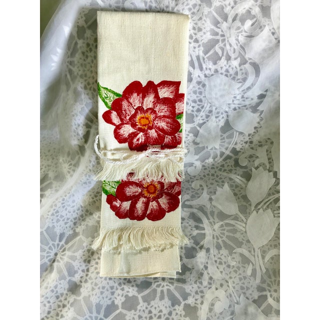 Vintage Mid Century Hand Painted Linen Tea Towels (Or Hand Kitchens Towels) Red Floral design.fringe Ivory Set of 2 /13” X 17” For Sale - Image 4 of 7
