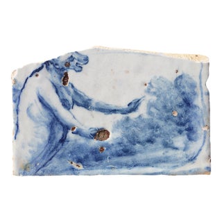 18th Century Portuguese Tile Mythical Creature Fragment Blue & White Antique Hand Painted For Sale