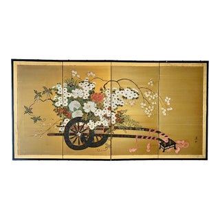 Japanese Showa Four Panel Screen Hanaguruma Flower Cart For Sale