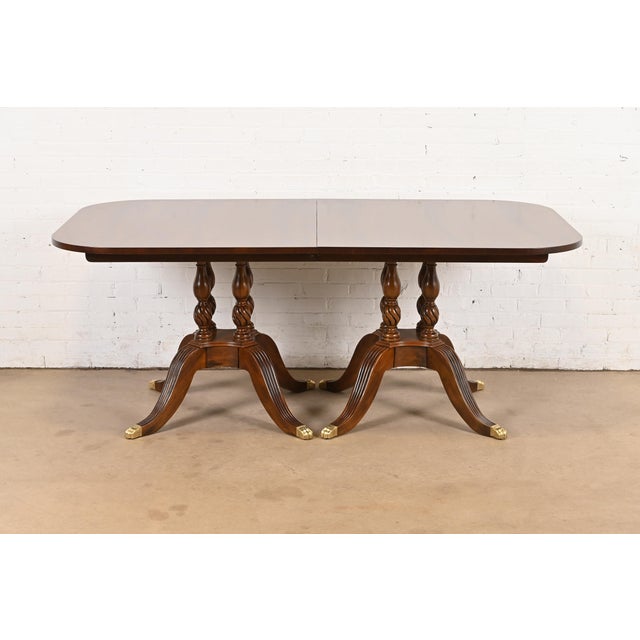Brown Drexel Heritage Georgian Banded Flame Mahogany Double Pedestal Extension Dining Table, Newly Refinished For Sale - Image 8 of 14