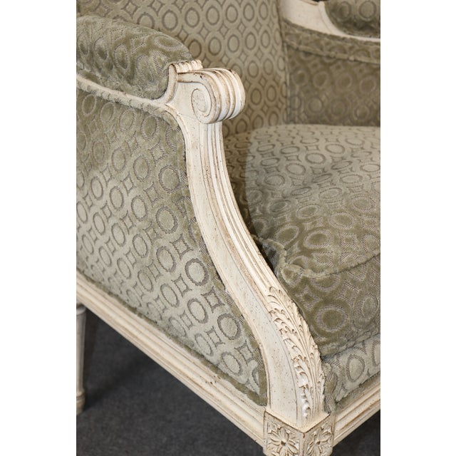 Pair Creme Distressed Painted French Louis XVI Bergere Chairs For Sale - Image 11 of 11