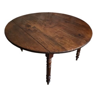 Antique French Round Oak Drop-Leaf Dining Table, 1870s For Sale