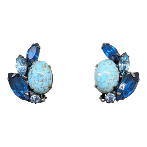 Vintage 1960s Signed Alice Caviness Faux-Turquoise, Sapphire & Aquamarine Clip Earrings-2 Pieces