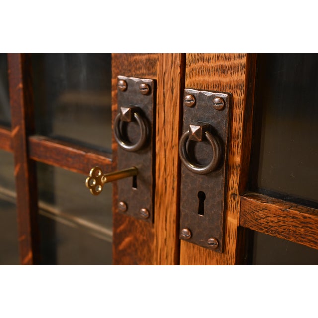 Stickley Brothers Style Antique Mission Oak Arts & Crafts Glass Front Double Bookcase Cabinet, Circa 1900 For Sale In South Bend - Image 6 of 11