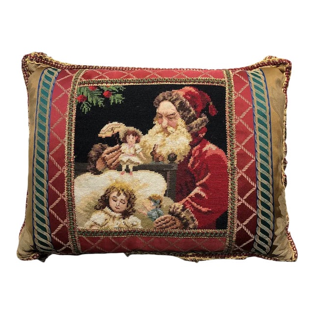 Vintage Santa With Dolls Needlepoint Pillow For Sale