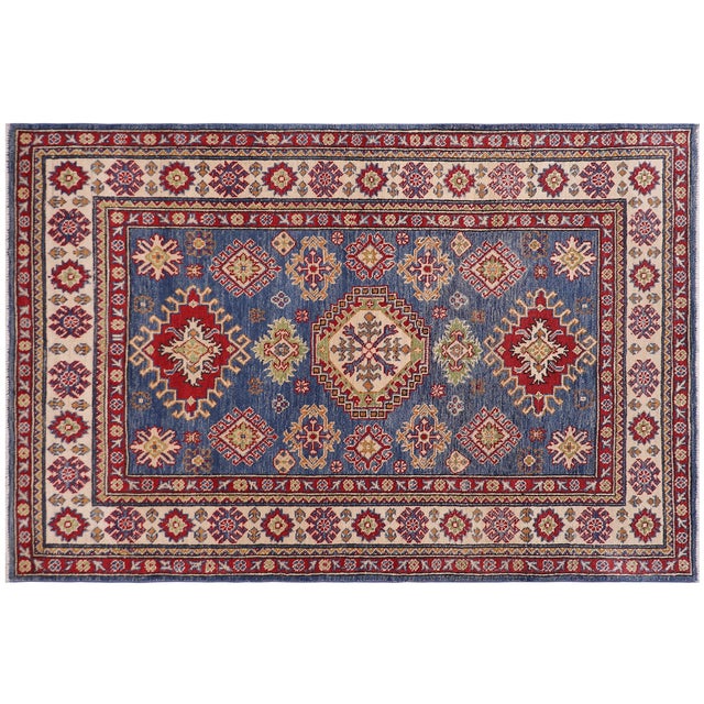 Blue Rustic Kazak Southwestern Light Blue Wool Rug - 4'2''x6'0'' For Sale - Image 8 of 10