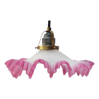 Art Nouveau French Pink Frosted Glass Pendant Light, 1920s For Sale