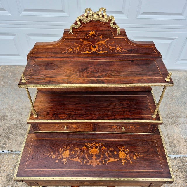 19th Century Antique French Regency Inlaid Rosewood Bronze Mounted Ladies Tiered Writing Desk (Bonheur Du Jour) For Sale In Washington DC - Image 6 of 16