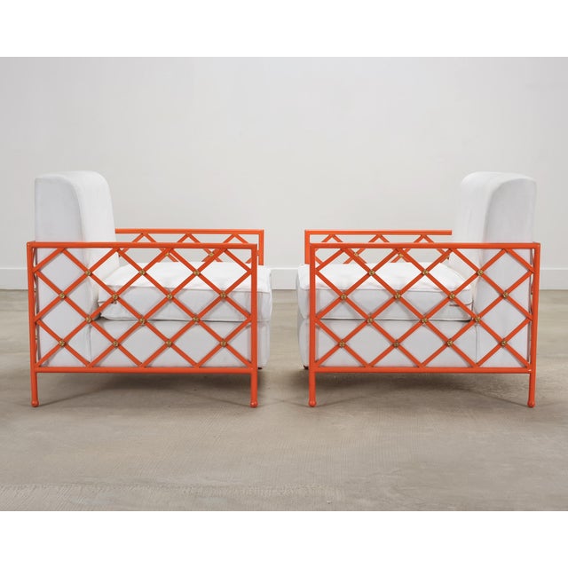 Pair of French Maison Jean Orange Iron Lattice Lounge Chairs For Sale - Image 4 of 18