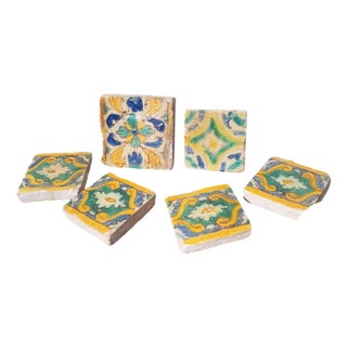 Vintage Polychrome Glazed Earthenware Tiles, Set of 6 For Sale