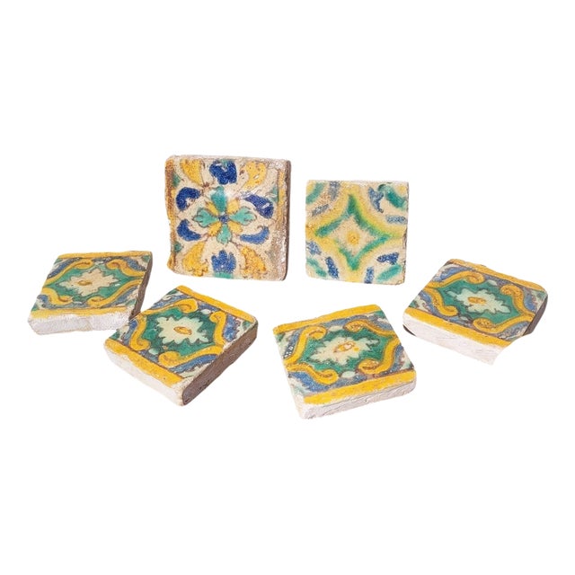 Vintage Polychrome Glazed Earthenware Tiles, Set of 6 For Sale