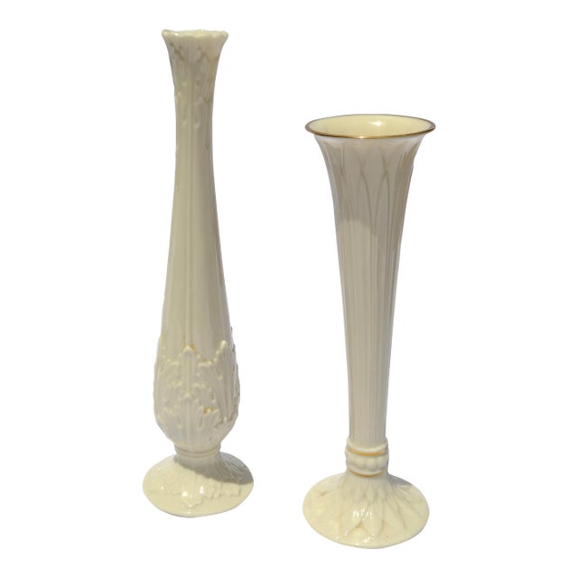 Set 2 Lenox Collectibles Tall Bud Vases Ivory Ceramic Fine China 24k Gold For Sale