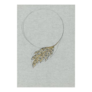 1970s Original Jewelry Design Drawing – Asymmetrical Gold Leaf Necklace Artist Unknown For Sale