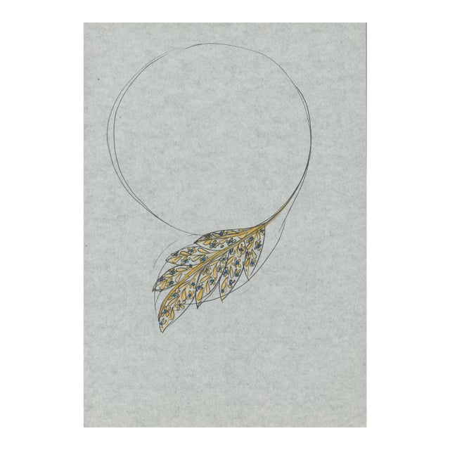 1970s Original Jewelry Design Drawing – Asymmetrical Gold Leaf Necklace Artist Unknown For Sale