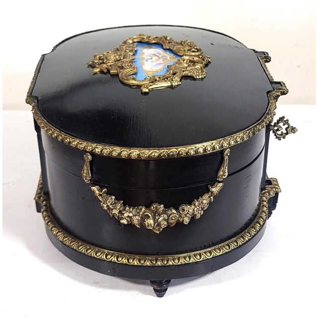 XXL Antique French Ebony Napoleon III Bronze & Sevres Plaque Vanity Jewelry Box For Sale - Image 9 of 15