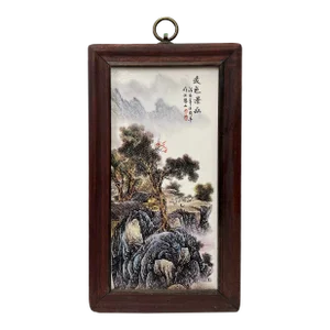 Chinese Wood Frame Porcelain Mountain Tree Scenery Wall Plaque Panel