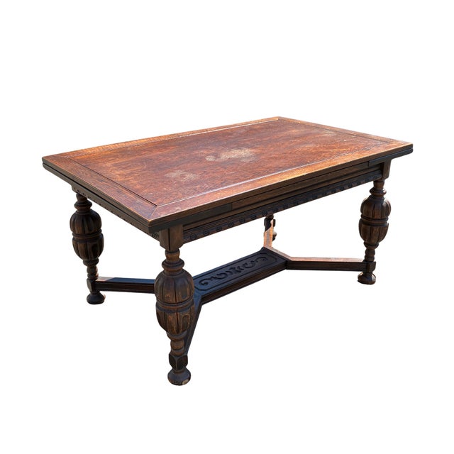 Jacobean Early 20th Century Jacobean Revival Carved Oak Draw-Leaf Dining Table For Sale - Image 3 of 12