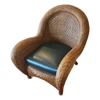 90s Rattan Lounge Chairs From Pottery Barn With New Leather Seats For Sale