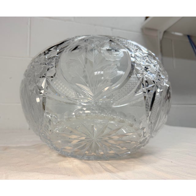Transparent Large Vintage Hand Cut Clear Crystal Glass Flower Basket Centerpiece Bowl For Sale - Image 8 of 13