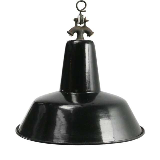 Vintage Dutch Industrial Black Enamel Hanging Lamp For Sale