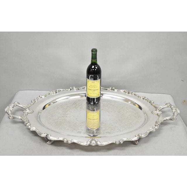 Vintage English Silver Mfg. Heavy Victorian Silver Plated Large Oval Twin Handle Butler's Platter Bar Tray Raised on Feet...