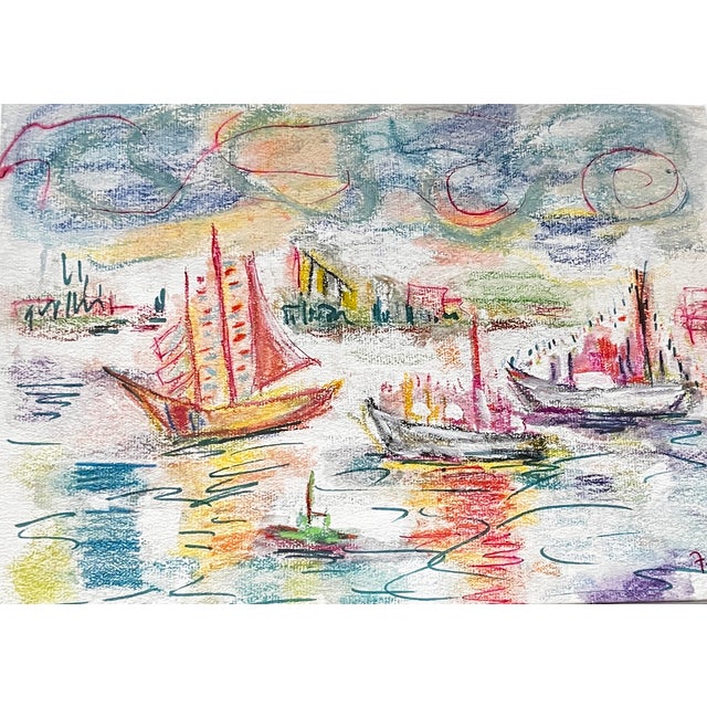 1970s Vibrant Pastel Sailboat Seascape in Wood & Linen Frame – Signed & Dated 1979 For Sale - Image 5 of 10