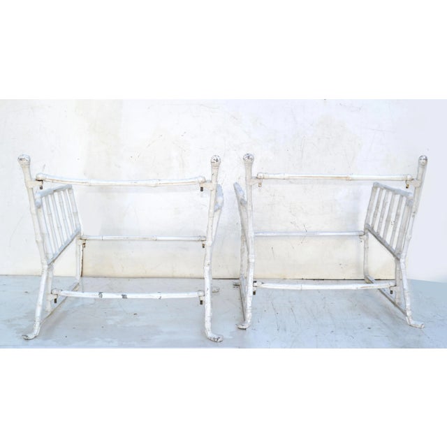 Large French Maison Jansen Steel Faux Bamboo Lounge Chairs Distressed Look Pair For Sale - Image 11 of 13