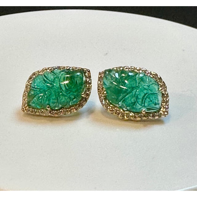 Known weight of 21.90 Ct Carved Emerald & 2 Ct Diamond Earrings 14 Karat Yellow Gold Post Earrings Emerald Diamond Post...