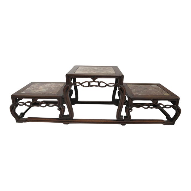 Antique Chinese Marble Inset Carved Wood 3 Step Tier Scholar Display Stand For Sale