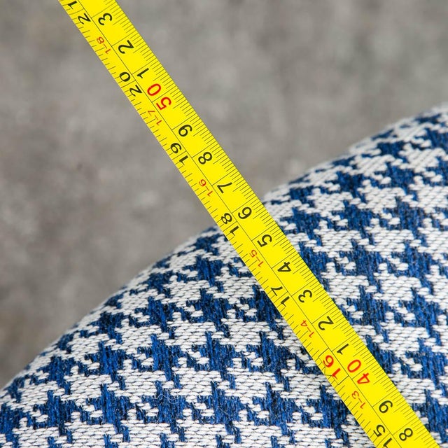 Mid Century Danish Modern Tripod Ottoman 3 Legs Wood Rolling Blue White Triangle For Sale In Sacramento - Image 6 of 12