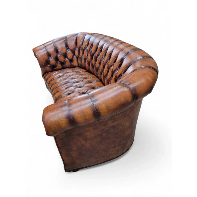 Vintage English Tufted Distressed Cognac Leather Chesterfield Sofa - Pair For Sale - Image 9 of 10