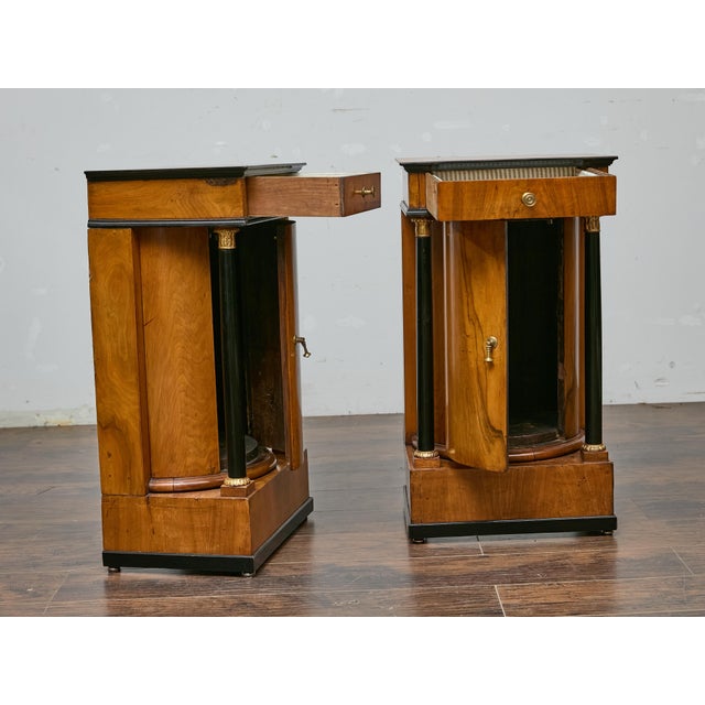 Wood Pair of 19th Century Biedermeier Bedside Cabinets, Walnut and Ebonized Columns For Sale - Image 7 of 12
