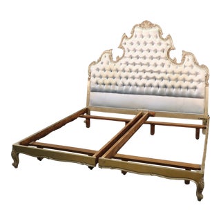 Tall Genuine Silver Leaf Tufted Italian Rococo Louis XV King Size Bed Circa 1950 For Sale