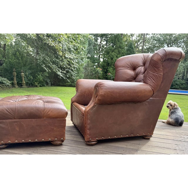 Cigar Leather Restoration Hardware Chair & Coordinating Ottoman, a Pair For Sale - Image 10 of 18
