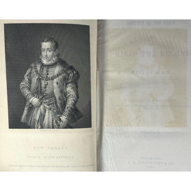 Paper Antiquarian Book Set: Prescott's Philip II, 1869 Three-Volume History For Sale - Image 7 of 10