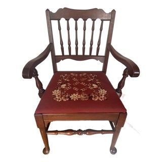 Vintage 1970s Pennsylvania House Solid Cherry Queen Anne Armchair With Custom Floral Needlepoint Seat For Sale