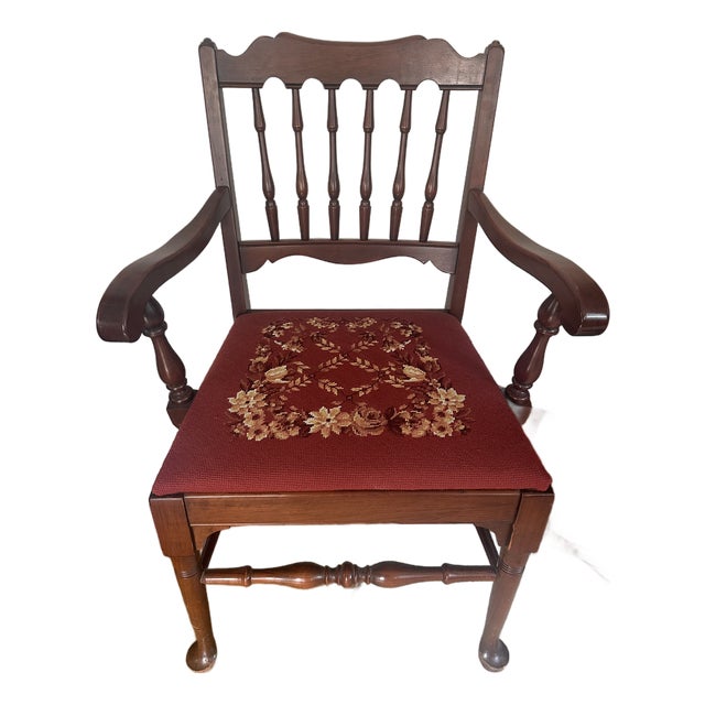 Vintage 1970s Pennsylvania House Solid Cherry Queen Anne Armchair With Custom Floral Needlepoint Seat For Sale