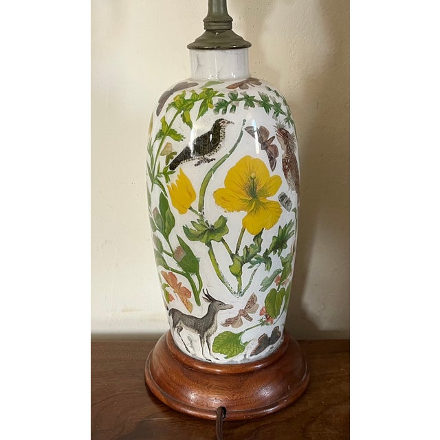 Antique English Victorian Decalcomania Reverse Painted Glass Vase Decorated With Birds, Butterflies, Flowers and a Deer Mounted as a Table Lamp For Sale - Image 11 of 12