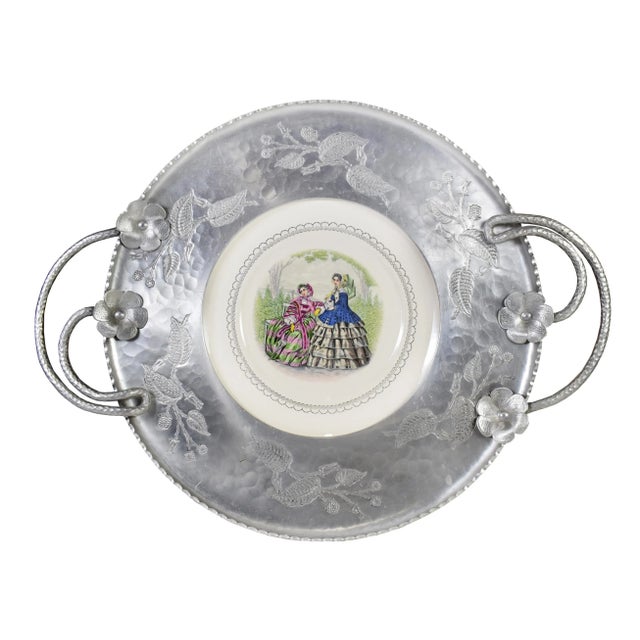 Victorian Hand Hammered Wrought Farberware Brooklyn Ny With Inserted China Plate Platter Tray For Sale - Image 11 of 11